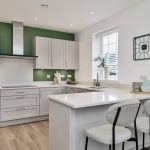 Modern kitchen with green accents and white cabinets