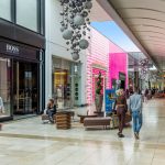 Shopping mall interior with people walking.