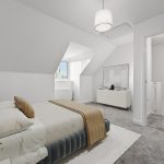 Modern bedroom with sloped ceiling and grey carpet.