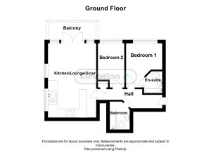 Ground floor plan with balcony, two bedrooms.
