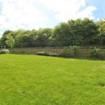 Spacious green garden with fence and trees.