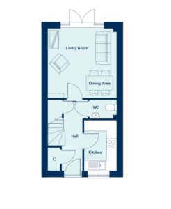 Ground floor layout with living room, kitchen, WC.