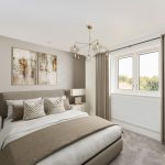 Elegant bedroom with modern decor and large window.