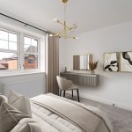 Modern bedroom with stylish decor and natural light.