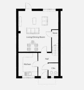 Ground floor house plan with key rooms labelled.