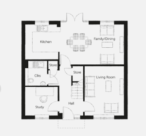Ground floor plan with kitchen and living areas.