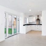 Modern white kitchen with outdoor view.