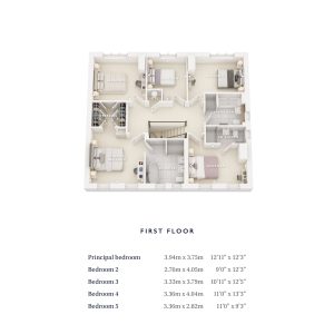 First floor layout with five bedrooms, two bathrooms.