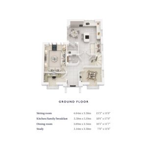 Ground floor house plan with room dimensions.