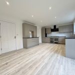 Modern kitchen with grey cabinets and wooden flooring.