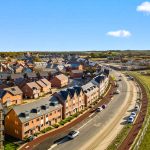 Aerial view of a residential housing development.