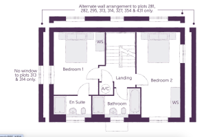 Floor plan with two bedrooms and bathrooms.