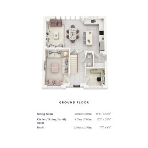 3D floor plan of a ground floor layout.