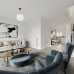 Modern living room with stylish furniture and staircase.