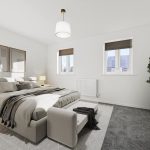 Modern bedroom with double bed and stylish decor.