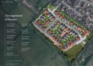 Housing estate layout with home names and numbers.