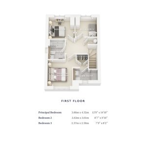 First floor with bedrooms and dimensions.