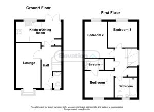 Two-storey house layout plan with three bedrooms.