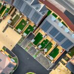 Aerial view of modern housing development.