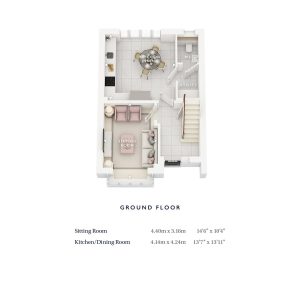 Ground floor layout with sitting and dining rooms.