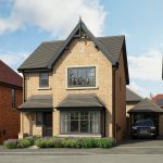 Modern brick house with driveway and garden