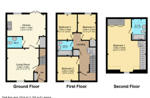 Three-storey house floor plan with dimensions.