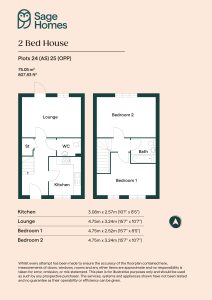Two-bedroom house floor plan and dimensions.
