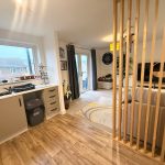 Modern open kitchen and living room interior design.