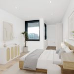 Modern bedroom with large window and minimal decor