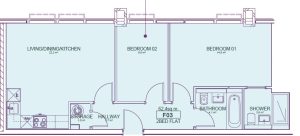 Floor plan of two-bedroom flat, 62.4 sq.m.
