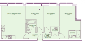 Three-bedroom flat layout with kitchen and bathrooms.