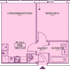 One-bedroom flat floor plan schematic with measurements.