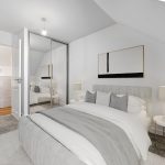 Modern bedroom with grey accents and ensuite bathroom