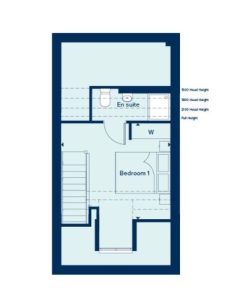 Bedroom floor plan with en suite and stairs.