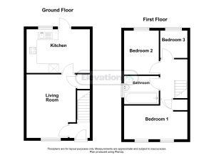 Two-storey house floor plan with three bedrooms.