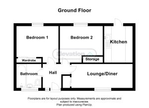 Ground floor plan with two bedrooms, kitchen, lounge.