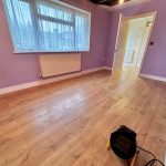 Empty room with wooden floor and purple walls.