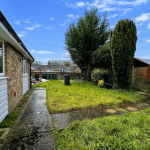 Backyard with grass, trees, and bins on a sunny day.