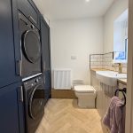 Modern utility room with washer, dryer and sink.
