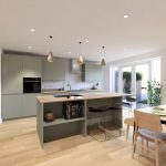Modern kitchen with island and dining table.