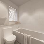 Modern white bathroom with bathtub and toilet