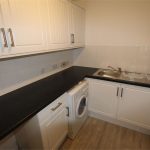 Modern kitchen with black countertops and washing machine.