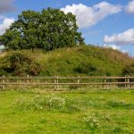 Grassy hill with tree, wooden fence, cloudy sky.