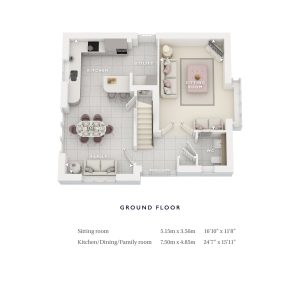 Ground floor layout with kitchen, sitting room, WC.