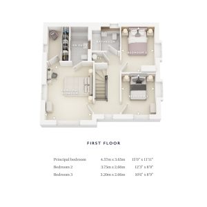 Three-bedroom floor plan with dimensions and rooms labeled.