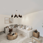 Modern living room with corner sofa and chandelier.